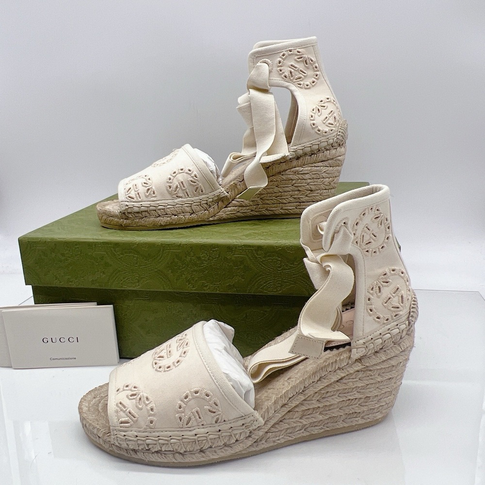 Gucci GG Damita Espadrille Wedge Sandal Eyelet Beige Canvas EU 36.5 US 6.5 - Picture 4 of 15